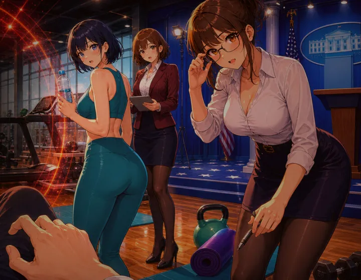 Official promotional art showing the game's fully clothed adult cast in gym and podium settings.