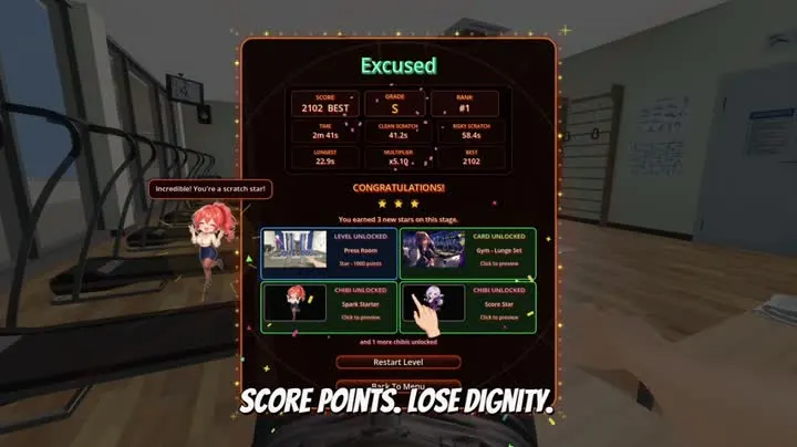 Official trailer frame showing a completed run, score, unlocked card, and Chibi rewards.