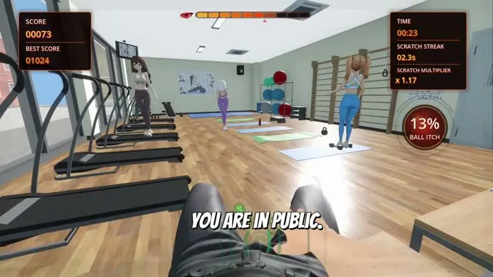Official trailer frame showing the Windows game display in a gym setting.
