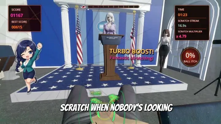 Official trailer frame showing a public podium location with the score and timing display.